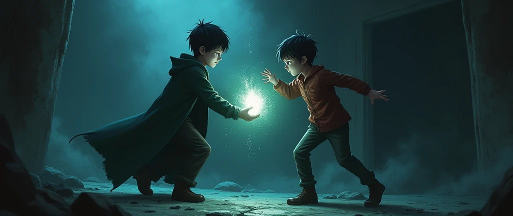 A dramatic scene where one (boy) friend, with a sinister look, uses a magical stone causing the other (boy) friend to appear distressed and disabled. The setting is tense with dark shadows 