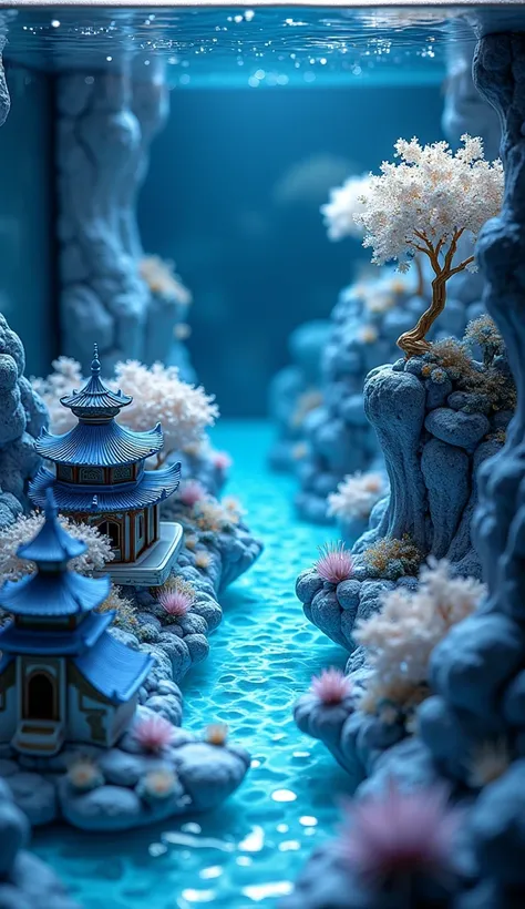 Bird&#39;s eye view,A big fish tank with real,miniature,Three-dimensional blue and white porcelain miniature underwater world landscape，Gold enamel，Jade Chinese Ancient Architecture，Luminescence，quilt，Transparent glass texture，Ceramic texture，,生物Luminescen...