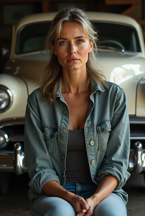 A real woman in sit down in a front of car
