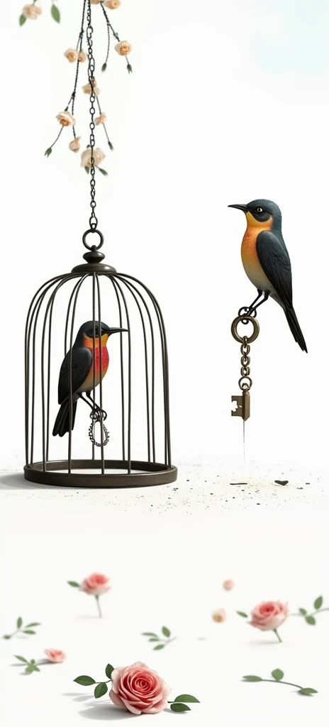 A bird with a red heart in its chest in a cage with the door open and a second bird with a heart in its chest and a necklace that holds the key to the cage and a rose