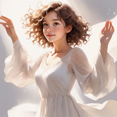 white space, heaven, sketch lines, from side, watercolor, a girl, one hand up, reaching her hand up, reaching upwards, correct hand anatomy, perfect drawn hands, from above, faint smile, beautiful brown eyes, freckles, shining with white light, white energ...