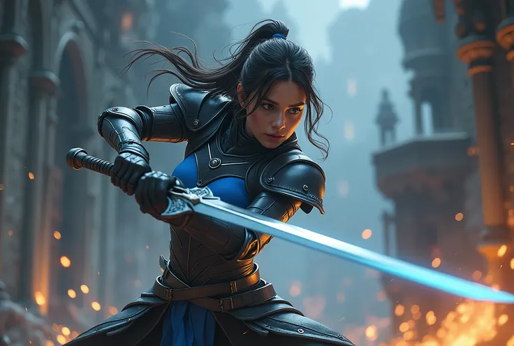 best quality,4k,8k,highres,masterpiece:1.2,ultra-detailed,realistic,photorealistic,photo-realistic:1.37,HDR,UHD,studio lighting,ultra-fine painting, A beautiful young magic swordswoman slashing at an evil enemy, she is wearing sexy black and blue knight ar...