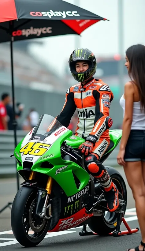 A MotoGP racer wearing a racing suit without a helmet is getting ready at the starting line riding a green ninja motorbike with COSPLAYCC written on it.. smiling facing the camera. Under the umbrella that says COSPLAY[IS] with a beautiful woman. realistic ...