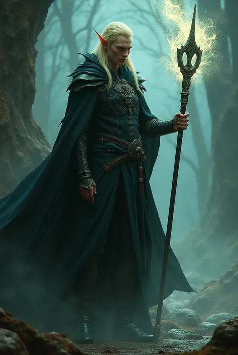 Tall blond male character with warrior elf appearance wearing a grim reaper and with a combat spear engulfed in glowing energy