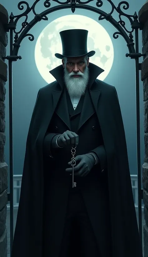 A white man with a well-groomed beard , top hat on his head and black cape over his shoulders. He stares straight ahead, is in front of an iron gate and holds a key. Its full moon night. The man has a slight smile on his face