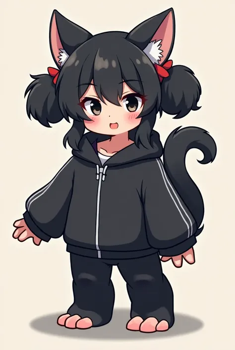 Bitch shina ibu humanoid body of a girl,black eyes pigtails hairstyle black hair on head,Sportswear Fur All Over Body Soft Paws Anime Style