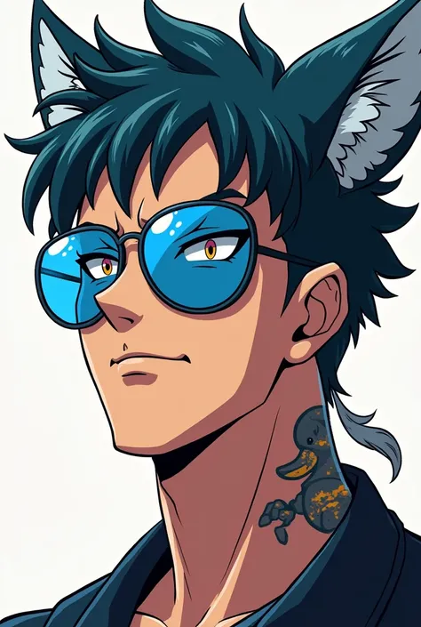 Don&#39;t make it realistic, draw it like an anime character. I&#39;m going to use it for my YouTube profile. Draw a manly character wearing blue sunglasses. I&#39;d like it to have some animal-like hair on its body. Draw the character with only the face v...