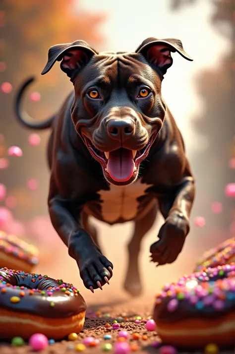 Dark brown pitbull with honey colored eyes running with lots of chocolate donuts and colored sprinkles 