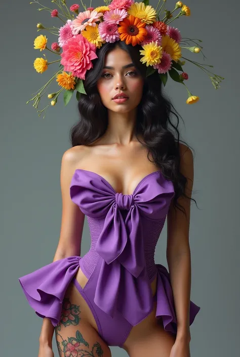 "an image of a young, sexy and sensual latin  woman, model, erotic, small breasts, intimate and deep look, wearing avant-garde fashion with a low neckline, where the outfit incorporates floral elements in high saturation colors such as purple, pink and yel...