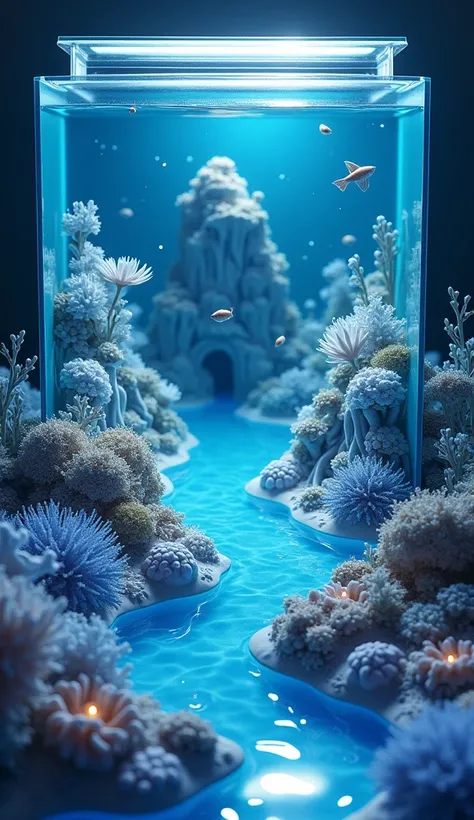 Bird&#39;s eye view,A big fish tank with real,miniature,Three-dimensional blue and white porcelain miniature underwater world landscape,3d isometric view of dark fantasy island,Luminescence，quilt，Transparent glass texture，Ceramic texture，,生物Luminescence效果，...