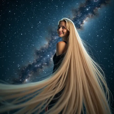 (best image quality、highest quality、highest resolution、Ultra-realistic photography、full body photo、masterpiece、16ｋ、）She made her bed with 30 metres of beautiful, lustrous hair.。Looking back with a smile。Beautiful blonde hair。The location is the Milky Way i...