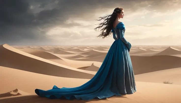 In a vast desert, a beautiful princess stands alone. Her long gown is caught by the wind, as sand swirls around her. She is lost in thought, torn by her unrequited love for a prince from a distant kingdom. The sky is overcast, highlighting the sorrowful ex...