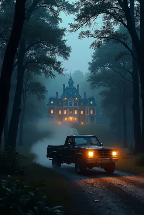 A pickup truck that goes to a mansion in the middle of the forest at night