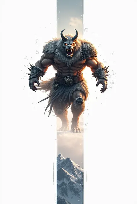 a close up of a cartoon character in a snowy mountain, muscular werewolf, fur-clad barbarian goliath, a minotaur wolf, furry fantasy art, god of winter, portrait of rugged zeus, arthas, wolf armor, husky in shiny armor, 4k fantasy art, epic fantasy art sty...