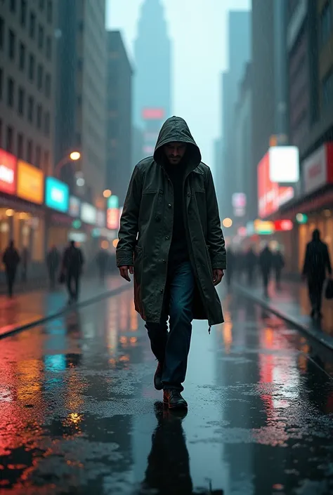 Guy in a raining city