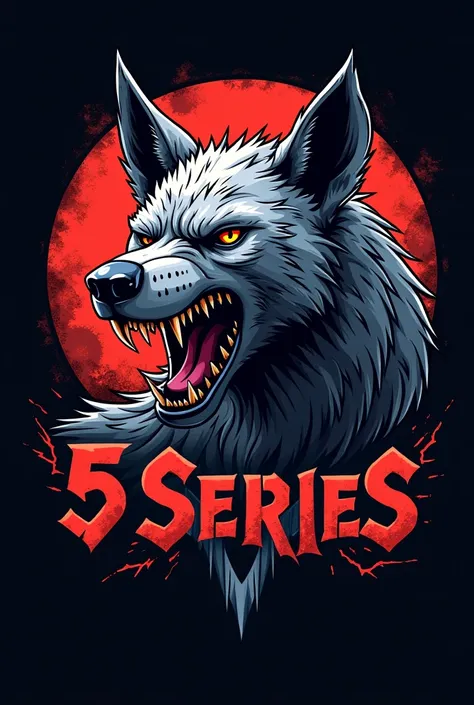  futuristic rock band logo   ,with a hyena as a symbol, singing , earrings in the ear ,tattoo,heavy metal style, as a logo,rock band,  with the name of "5 series"" and"