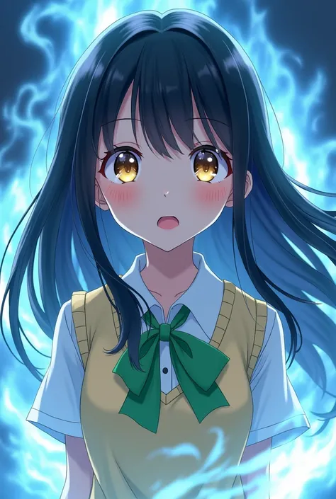 Generate a highly detailed anime-style portrait of a beautiful girl with long, flowing black hair and striking golden eyes that radiate a captivating glow. Her facial expression should show a sense of wonder or surprise, with her mouth slightly open and he...