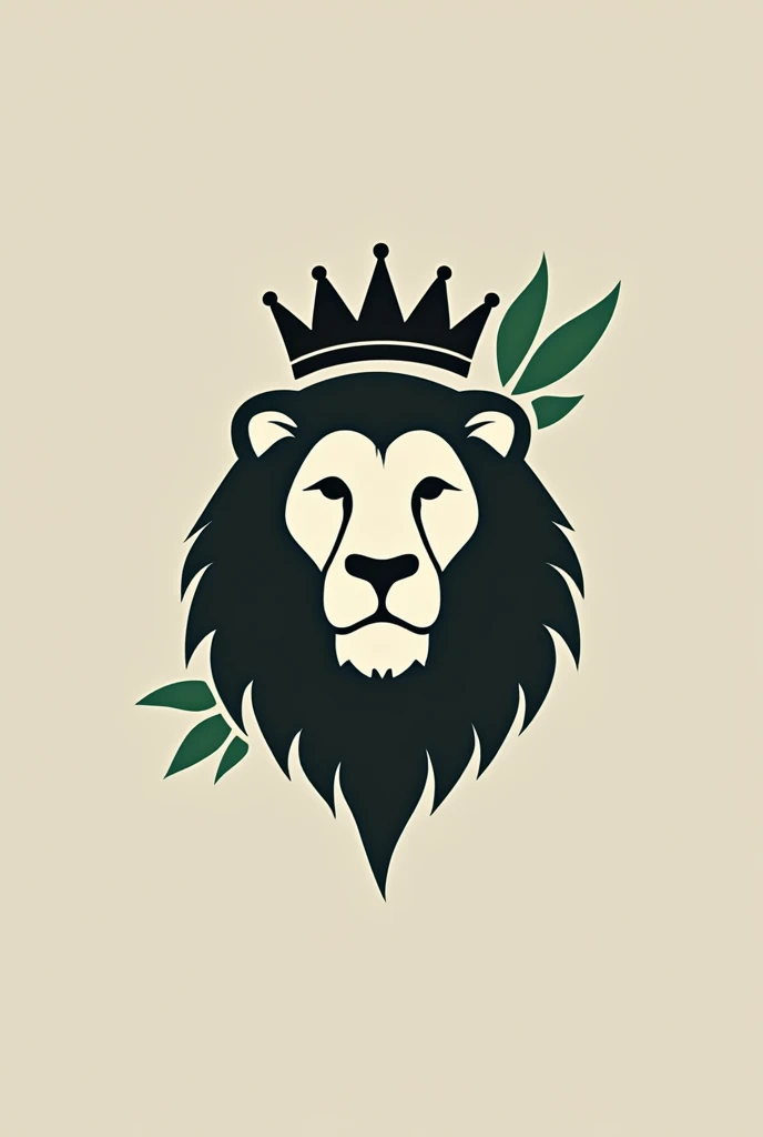 create a minimalist logo containing the head of a lion with a crown on its head, with some green details








