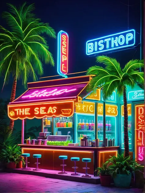 neon，Shop sign，Tropical scenery，Palm trees，Bistro，Juice drinks，Sound of the sea，Wearing sunglasses is cool，发光的neonShop sign，Super high saturation，Bright colors