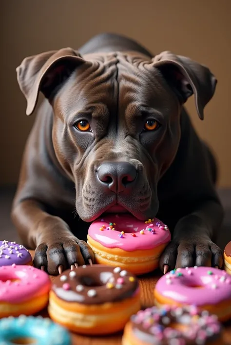 Dark brown pitbull with honey colored eyes sitting eating many colorful donuts 