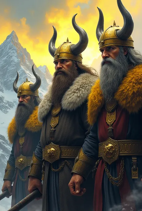 vikings com chifres, horns in the middle of the image colors yellow type
