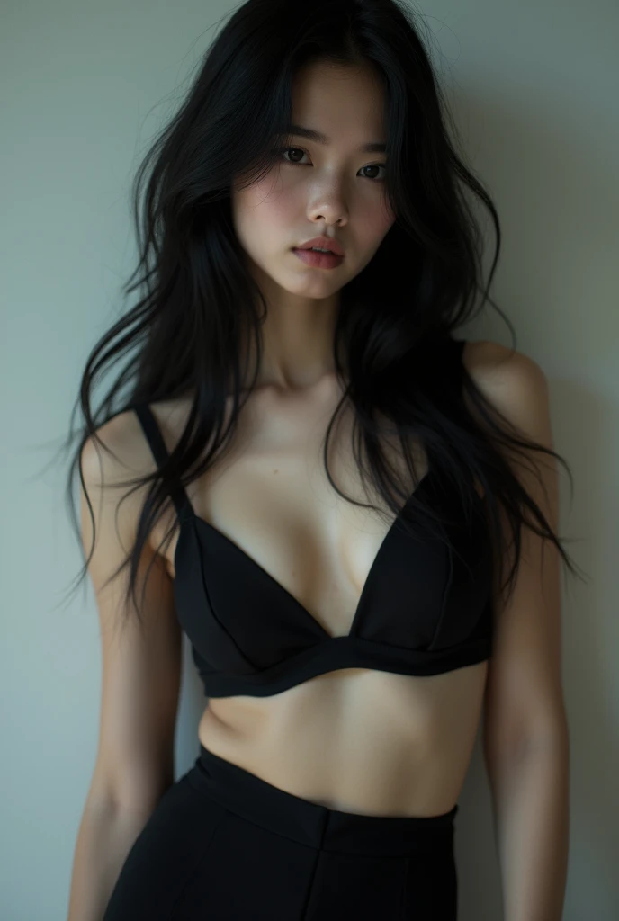 Black hair white girl, wearing a black bra and pants