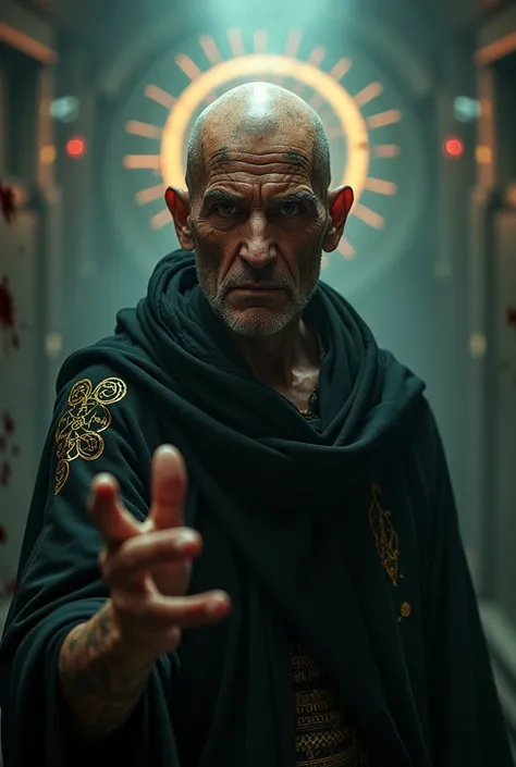 Old man. Bald. Monk. In science fictuon scenary. Esoteric and dark. Smiling veteran. Scares. Old and bright eyes. Scenary dark science fiction. Magivk and blood spatter. Old and bright dimm solar lughrñt. Technnicolor. Cinematographic. Skin tatooted with s...