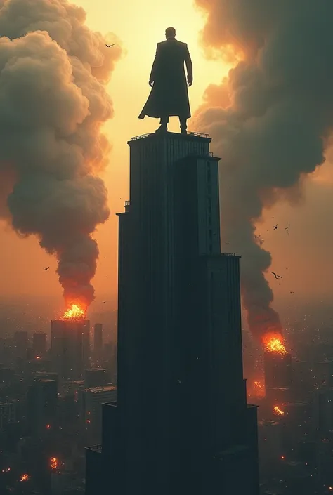 A man standing on a building and the whole world is bowing infront of him . Background filled with explosion and fight
