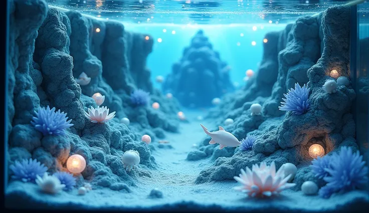 Bird&#39;s eye view,A big fish tank with real,miniature,Three-dimensional blue and white porcelain miniature underwater world landscape,3d isometric view of dark fantasy island,Luminescence，quilt，Transparent glass texture，Ceramic texture，,生物Luminescence效果，...