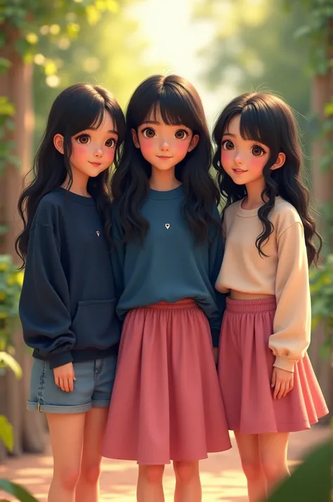 A 3 girl with black hair and a round face, wearing a dark blue sweatshirt and a pink midi skirt