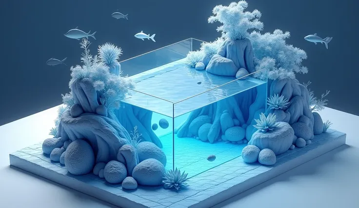 Bird&#39;s eye view,A big fish tank with real,miniature,Three-dimensional blue and white porcelain miniature landscape,3d isometric view of dark fantasy island,Luminescence，quilt，Transparent glass texture，Ceramic texture，Minimalist composition，Clarity,HD，超...