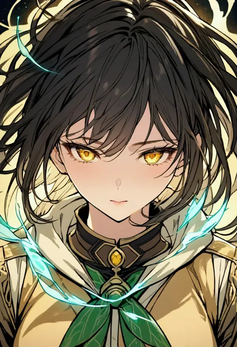 Generate a highly detailed anime-style portrait of a beautiful girl with long, flowing black hair and striking golden eyes that radiate a captivating glow. Her facial expression should show a sense of wonder or surprise, with her mouth slightly open and he...