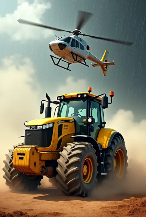 A   yellow  tractor and  helicopter  side by side picture , tractor in dust , helicopter in rainy sky