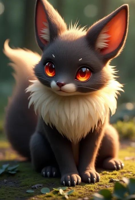 **Create a hyper-realistic depiction of a small, nine tails black fox-like creature with sleek, brown fur that mimics the appearance of actual fur. The fur should have detailed texture and natural shading, with variations in color to reflect light and dept...