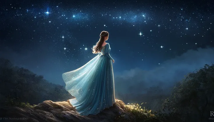 In the night sky, countless stars twinkle as if mocking her inner turmoil. The princess stands alone, gazing up at the stars, enveloped in a deep sense of loneliness. Her gown sways gently in the night breeze, and the cold light of the stars enhances her d...