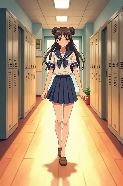 A Sailor Moon style retro anime schoolgirl walks down a hallway wearing loafers on her bare feet