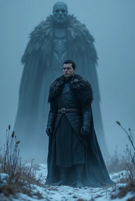 Bran Stark with piercing blue eyes, standing in a dark, wintery landscape. In the background, a shadowy, icy reflection of the Night King appears, symbolizing their potential connection.