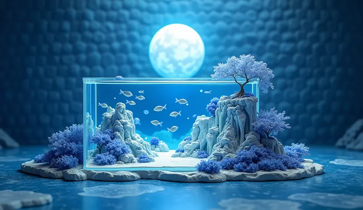 A big fish tank with real,miniature,Three-dimensional blue and white porcelain miniature landscape,3d isometric view of dark fantasy island,Luminescence，quilt，Transparent glass texture，Ceramic texture，Minimalist composition，Clarity,HD，超HD，High altitude pho...