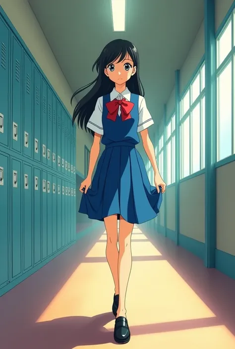 Retro anime schoolgirl wearing a dress and loafers walking down a hallway barefoot