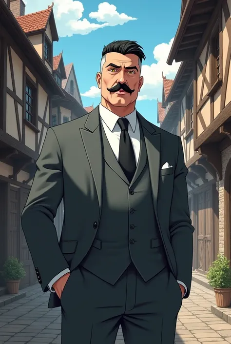 black hair, yellow eyes,white skin, middle age man, gray suit, medieval town, undercut hair, businessman, thick mustache, european, anime