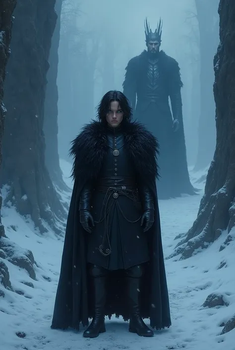 Brandon Stark with piercing blue eyes, standing in a dark, wintery landscape. In the background, a shadowy, icy reflection of the Night King appears, symbolizing their potential connection.