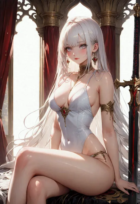 Long smooth straight white hair, white eyes,sitting in skimpy swords women, masterpiece, super detail, best quality, 8k,realistic