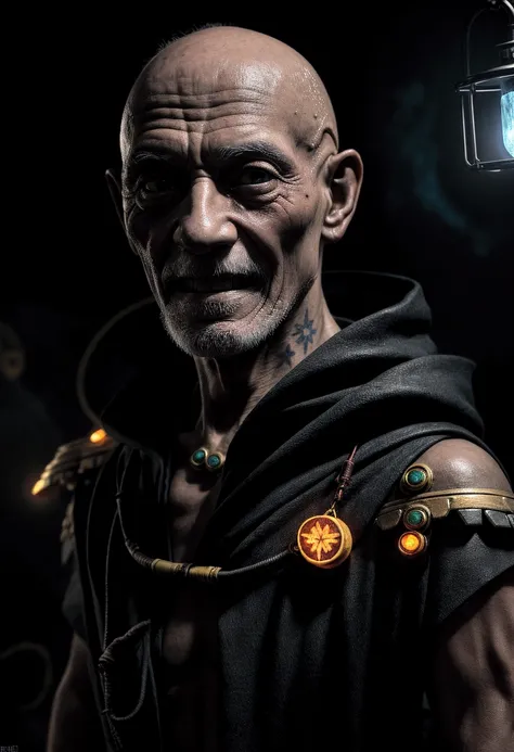 Old man. Bald. Monk. In science fiction scenary. Esoteric and dark. Smiling veteran. Scarces. Old and bright eyes. Scenary dark science fiction. Magic and blood spatter. Old and bright dimm solar light. Technnicolor. Cinematographic. Skin tatooted with sep...