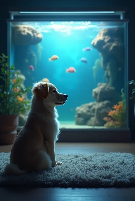  A dog sitting in front of the aquarium