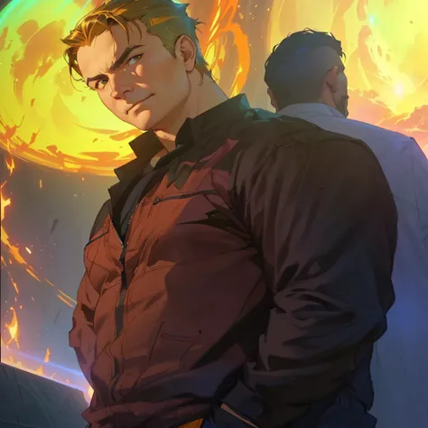 there is a man standing in front of a large screen with a fireball, artgerm and genzoman, artgerm jsc, artgerm and grek rutkowski, joshua middleton and artgerm, greg rutkowski and artgerm, charlie bowater and mark brooks, artgerm greg rutkowski _ greg, sty...