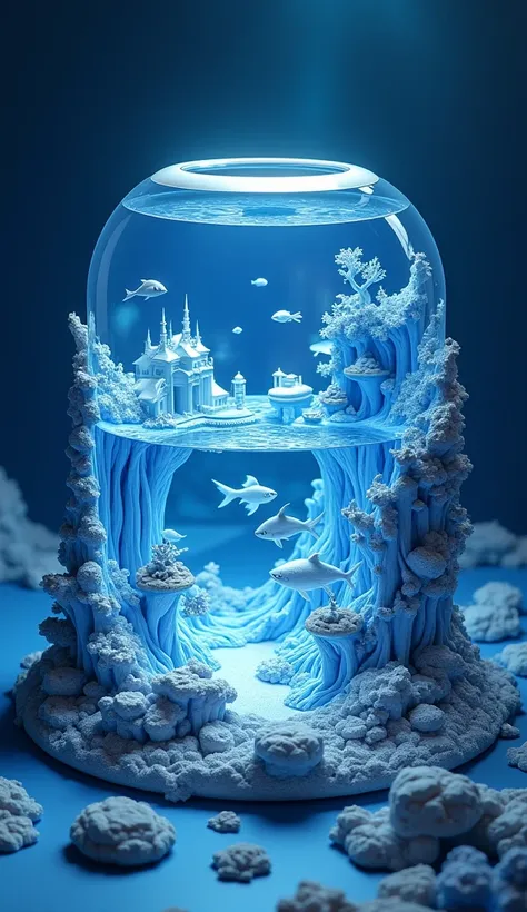 A big fish tank with real,miniature,Three-dimensional blue and white porcelain miniature landscape,3d isometric view of dark fantasy island,Luminescence，quilt，Transparent glass texture，Ceramic texture，Minimalist composition，Clarity,HD，超HD，High altitude pho...