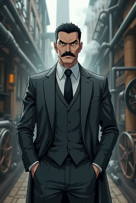 black hair, yellow eyes,white skin, mature man, gray suit, medieval factory, undercut hair, businessman, thick mustache, european, anime, magic