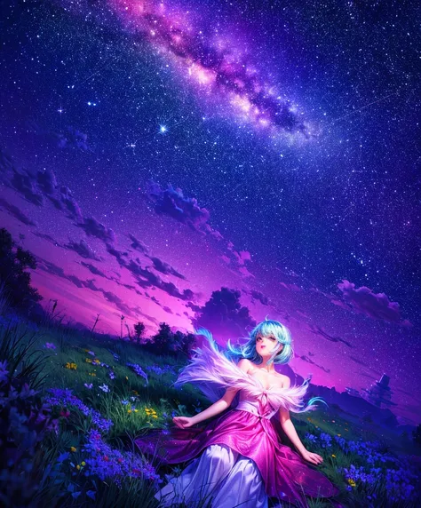 Describe a scene where a cute girl character is lying on a grassy hill, Looking up at the starry sky. Surround her with colorful nebulae and her favorite constellations.