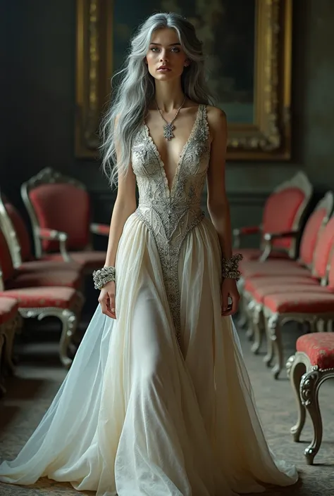 The beauty of a stunning woman is portrayed in exquisite detail: her gray hair falls in intricate waves, the incident light illuminates her flowing locks, framing piercing green eyes that carry a world of emotions. Adorned with delicate jewels and majestic...