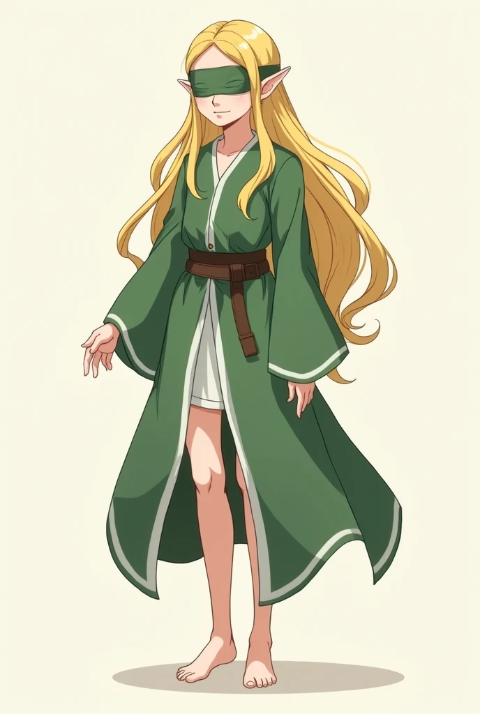 In full body from head to toe creates a long blonde haired elf, clear and smooth skin. She wears a blindfold because she is blind.. Wear a green tunic with white. She is a cleric. And she is barefoot. He is young, like 18-20 years old. Draw her in an anime...